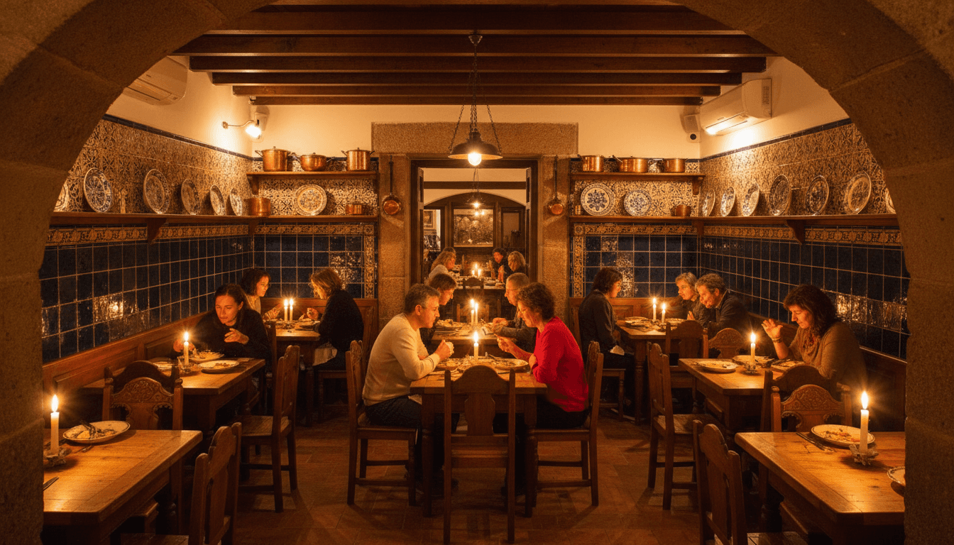 Intimate dining room at a traditional Portuguese restaurant with warm candlelight and family atmosphere