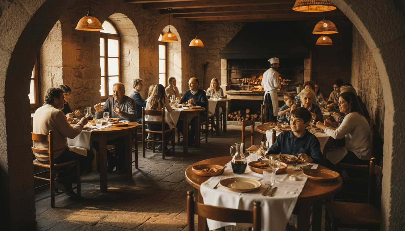 Interior acolhedor da Tasca do Douro com mesas de madeira e iluminação quente